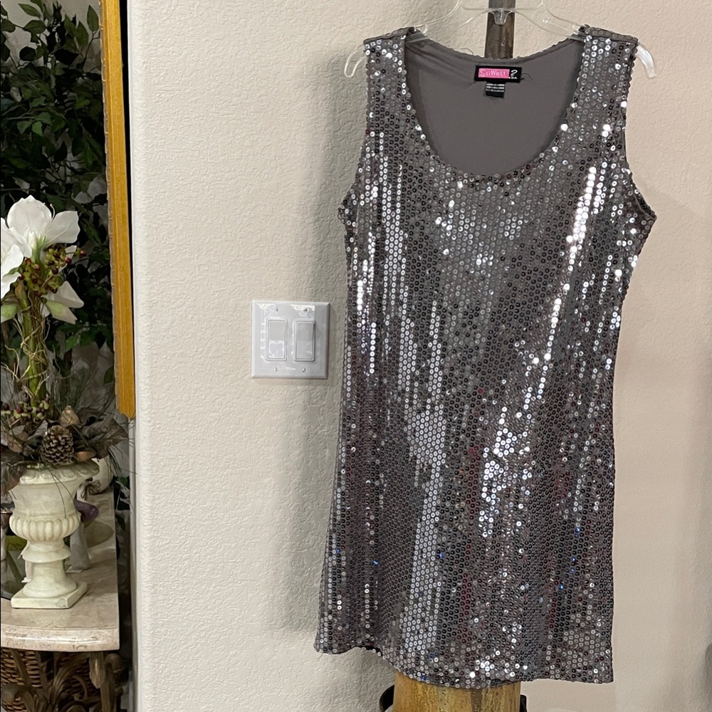 🪩 NWOT Say What? Silver Sequined Fancy Nancy Mini Dress SZ:1X Fully Lined